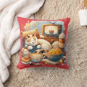 Almofada Cozy Vibes Apenas: Gato, Livro, Mac & Queijo, Café
