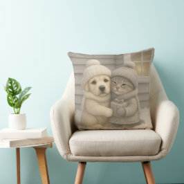 Almofada Cozy Winter Pillow with Puppy and Kitten in Hats