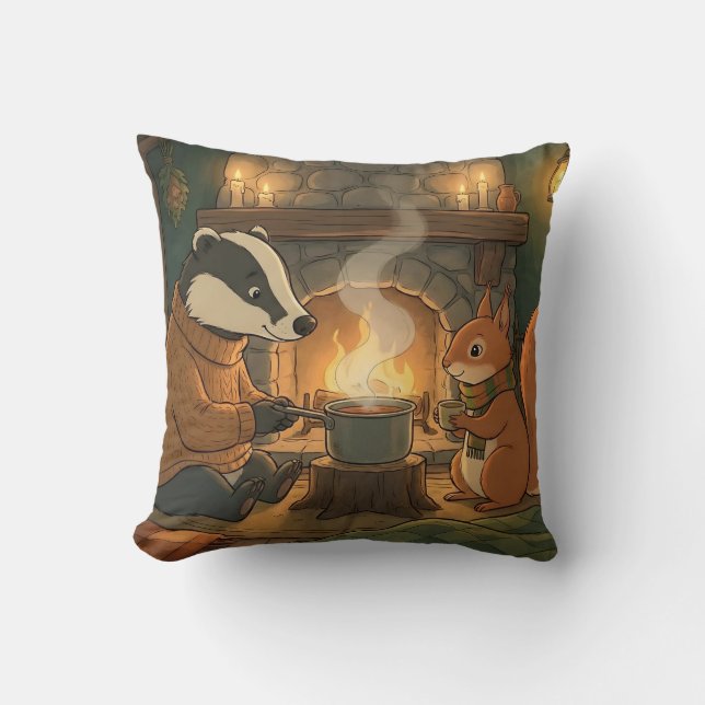 Almofada Cozy Woodland Campfire Animals Throw Pillow (Frente)