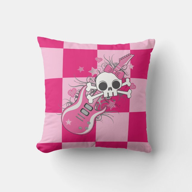 Almofada Crânio bonito com violão rosa (Frente)