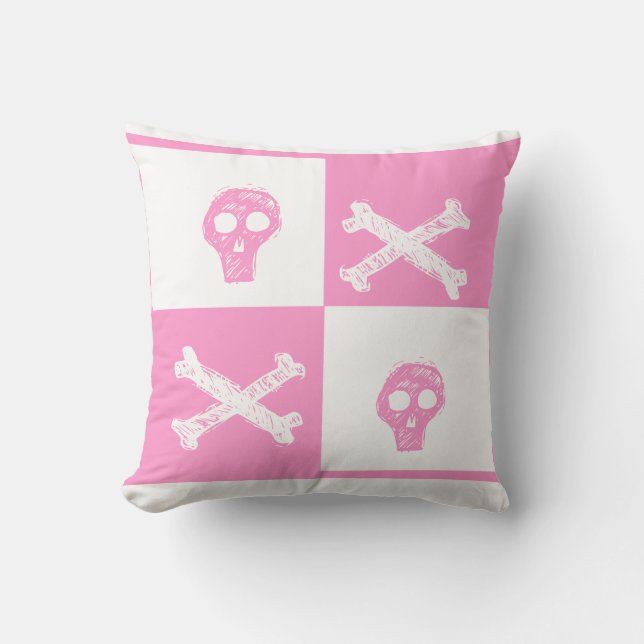 Almofada crânio rosa padrão xadrez rosa e branco (Frente)
