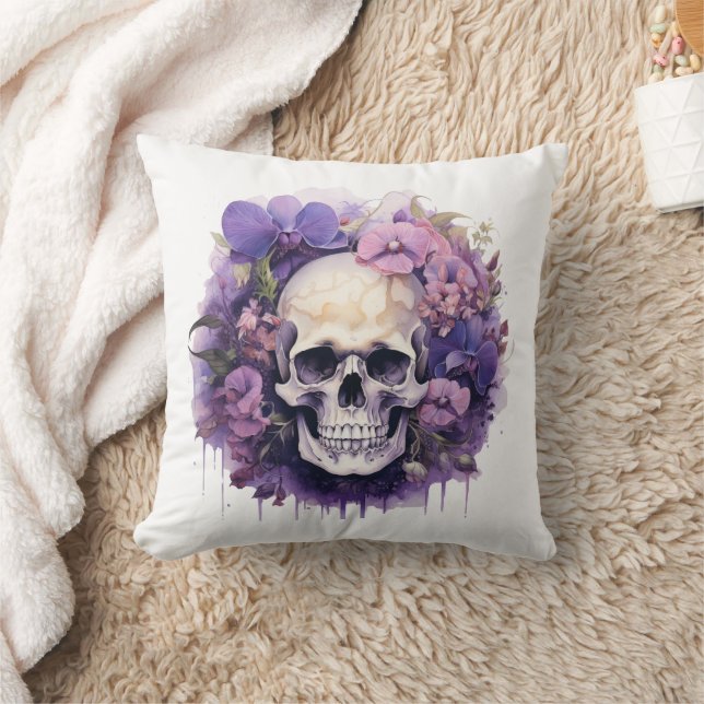 Almofada Crânios e flores de cor da água (Cobertor)