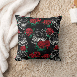 Almofada Crânios e Rosas vermelhas Grelha Gótica Moderna