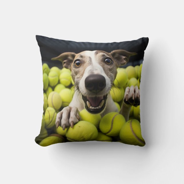 Almofada 🐶 Crazy Whippet 🎾 com bolas de Tênis (Frente)