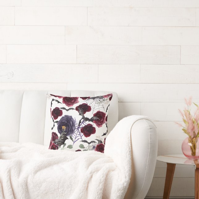 Almofada Creepto linda | Rosas góticos escuros com morcegos (Sofá)