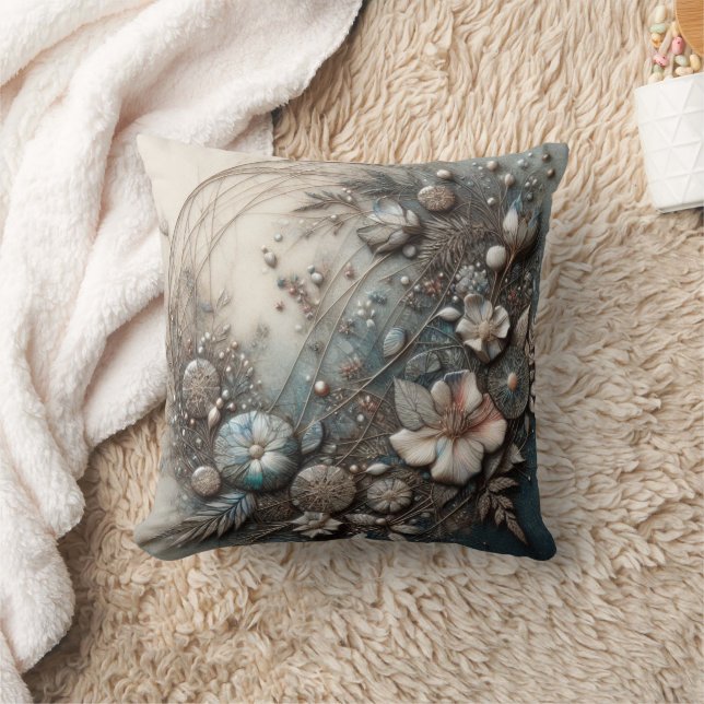 Almofada Creme Teal 3D Escultural Botânico Floral (Cobertor)
