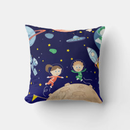 Almofada Crianças espaciais pousando a lua estrelas-satélit