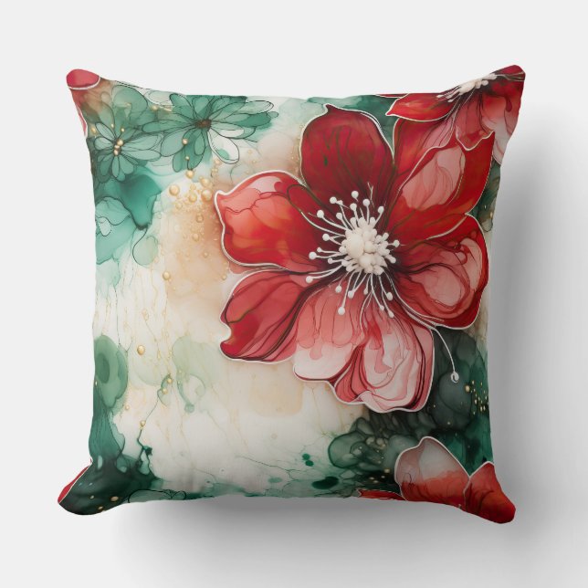 Almofada Crimson Yuletide Blooms Botânico (Frente)