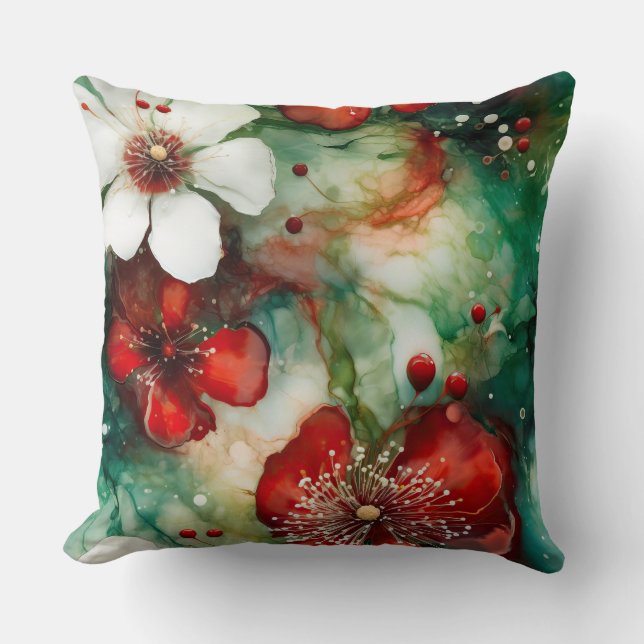 Almofada Crimson Yuletide Blooms Botânico (Frente)