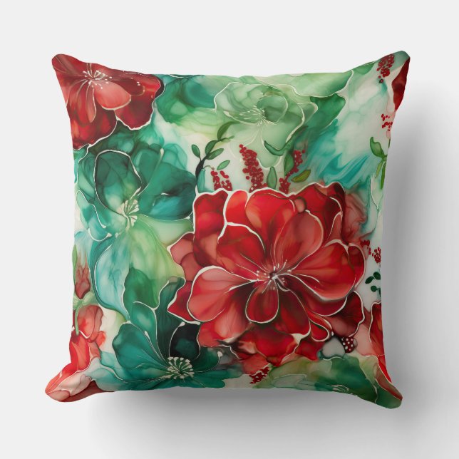 Almofada Crimson Yuletide Blooms Botânico (Frente)