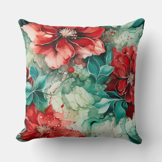 Almofada Crimson Yuletide Blooms Botânico (Frente)