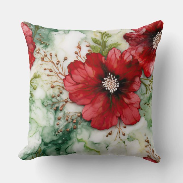 Almofada Crimson Yuletide Blooms Botânico (Frente)