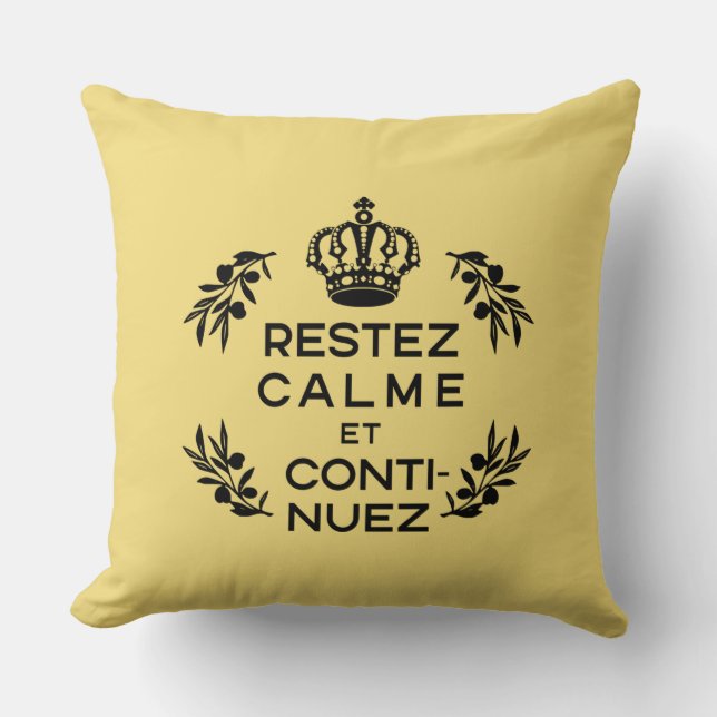 Almofada crista preta amarela Francês Fique calmo e continu (Frente)