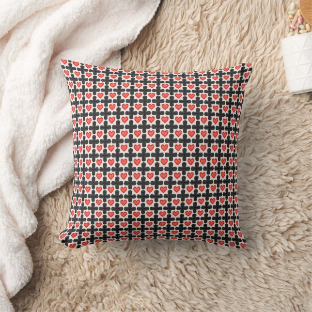 Almofada Cross Shaped Checkered Pattern with Red Hearts (Cobertor)