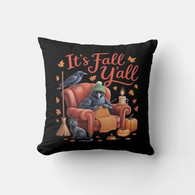 Almofada Crow's Fall Y'all Pumpkins Fall Autumn Hallowee (Frente)