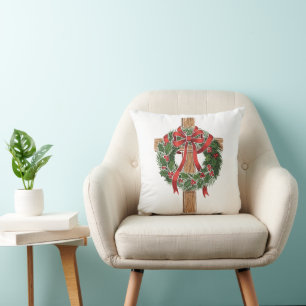 Almofada Cruz de Natal Cristã de Madeira com Coroa de Azevi