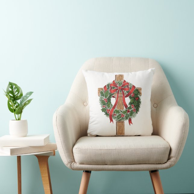 Almofada Cruz de Natal Cristã de Madeira com Coroa de Azevi (Cadeira)