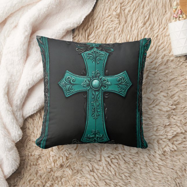 Almofada Cruz Teal Religiosa Cristã Ocidental (Cobertor)