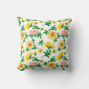 Almofada Crysântemos de aquarela. Flores amarelas com grã