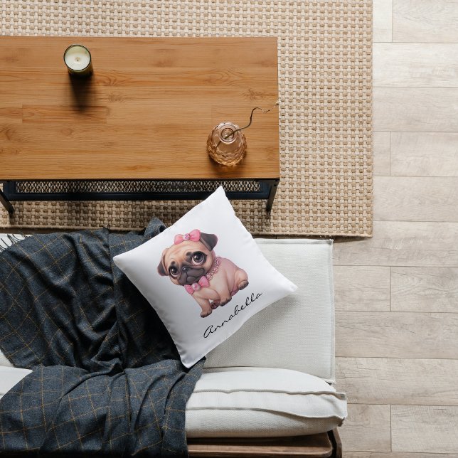 Almofada Cubo com Arco rosa personalizado (Pug Puppy With Pink Bow Illustration Custom Name Throw Pillow - Adorable Dog Lover Baby Apparel)