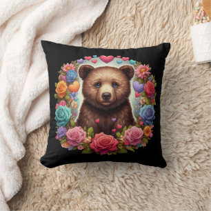 Almofada Cubo Urso Cercado por Rosas e Corações