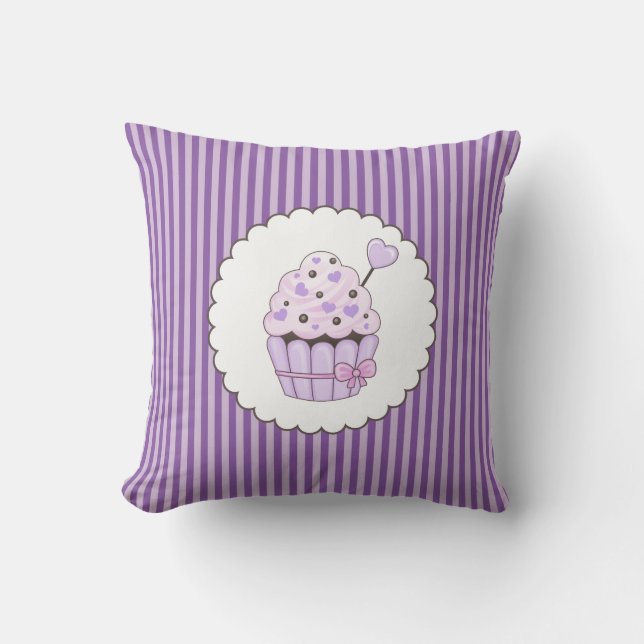 Almofada Cupcake bonito com fundo listrado roxo (Frente)
