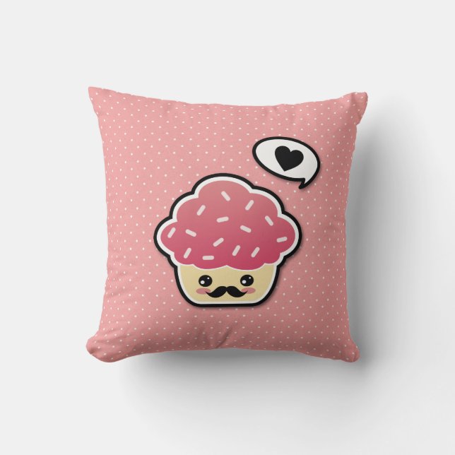 Almofada Cupcake Rosa Kawaii com bigode (Frente)