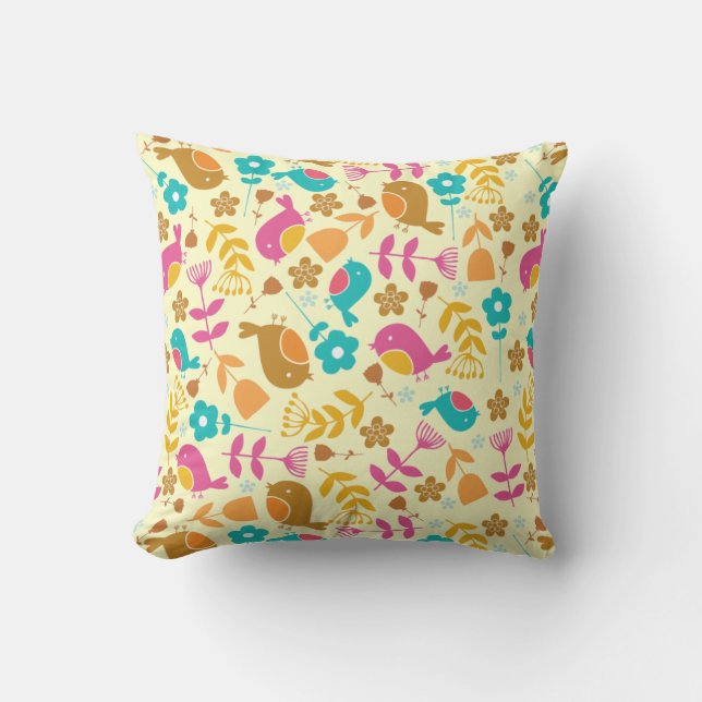 Almofada Cushion de Pássaros e Flores Fofos (Frente)