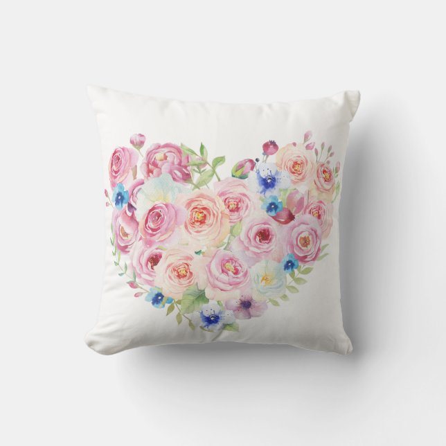 Almofada Cushion Floral de Coração Floral de Aquarela (Frente)