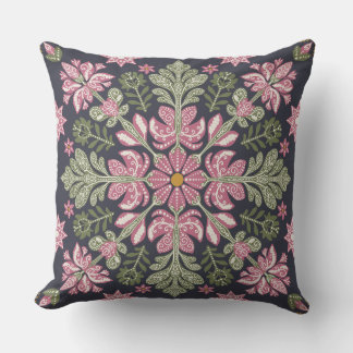 Almofada Cushion Floral Rosa-Verde com Arte Folclórica Rúst