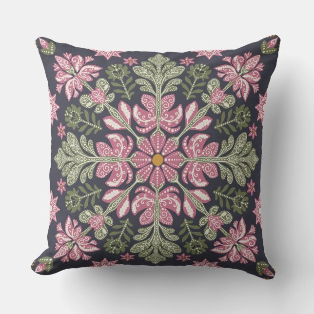 Almofada Cushion Floral Rosa-Verde com Arte Folclórica Rúst (Frente)