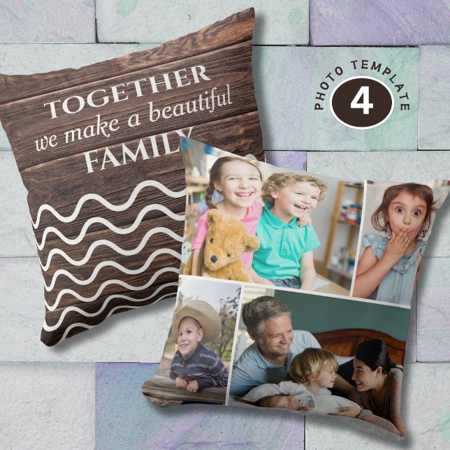 Almofada Custom 4 Photo Collage Family Quote Rustic Wood   (Criador carregado)