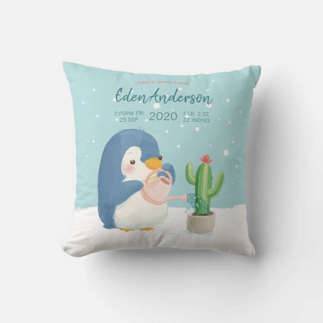 Almofada [Custom]Baby BirthStat Cute Penguin Cactus Nursert (Frente)