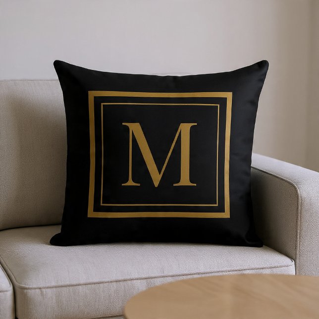 Almofada Custom Black & Gold Framed Monogram Throw Pillow (Criador carregado)