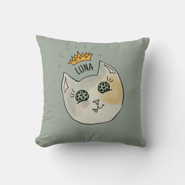 Almofada Custom Cat Name Art - Chubby White Cat with Crown (Frente)