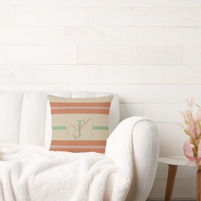 Almofada Custom Coral Sage Stripe Monogram Boho Pastel Chi (Sofá)
