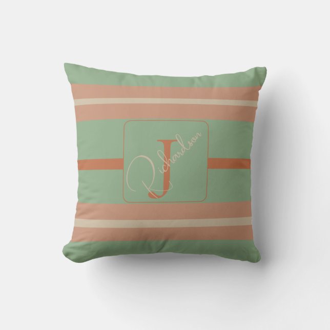 Almofada Custom Coral Sage Stripe Monogram Boho Pastel Chi (Frente)