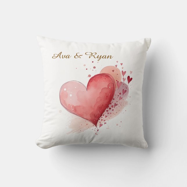Almofada Custom Couple Name Watercolour Hearts Pillow Cover (Frente)