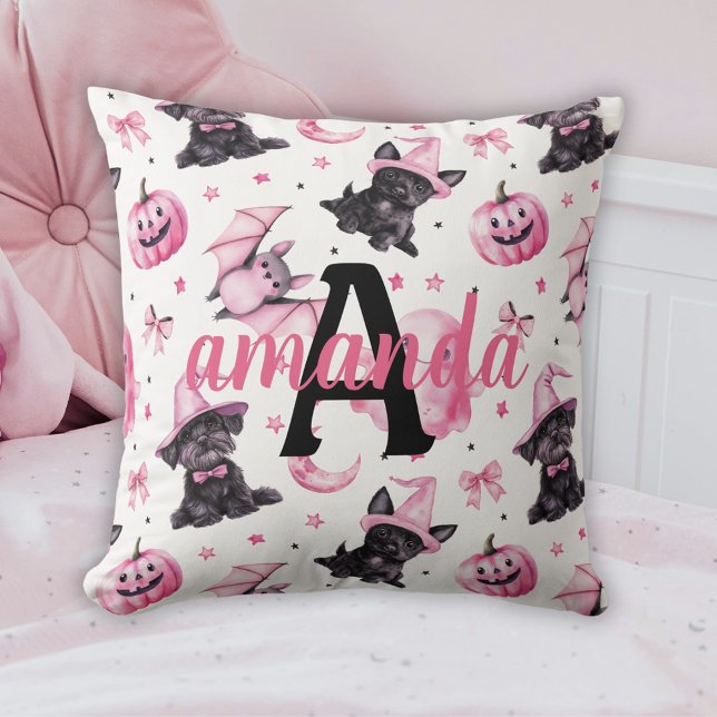 Almofada Custom Cute Pink Halloween Pattern With Black Dogs (Custom Cute Pink Halloween Pattern With Black Dogs Throw Pillow)