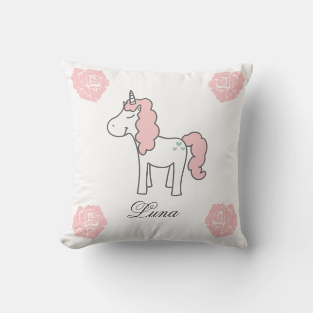 Almofada Custom Name Unicorn Rose Floral Cute Pink  (Frente)