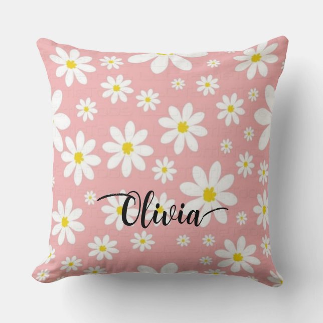 Almofada Custom Name White Floral Background Throw Pillow (Frente)