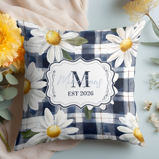 Almofada Custom Navy Gingham Daisy Monogram (Criador carregado)