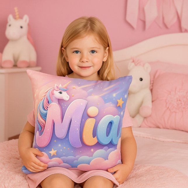 Almofada Custom Pastel Unicorn Name Pillow (Custom unicorn-themed nursery decor with child's name in rainbow colors)