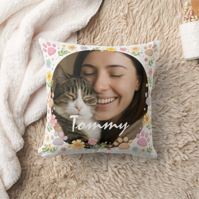 Almofada Custom Pet Photo with Name | Paw Prints & Floral (Cobertor)
