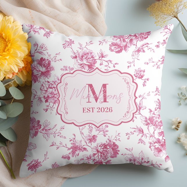 Almofada Custom Pink Toile Floral Monogram (Criador carregado)