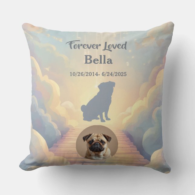 Almofada Custom Pug Memorial Pillow – Blue Rainbow Bridge (Frente)