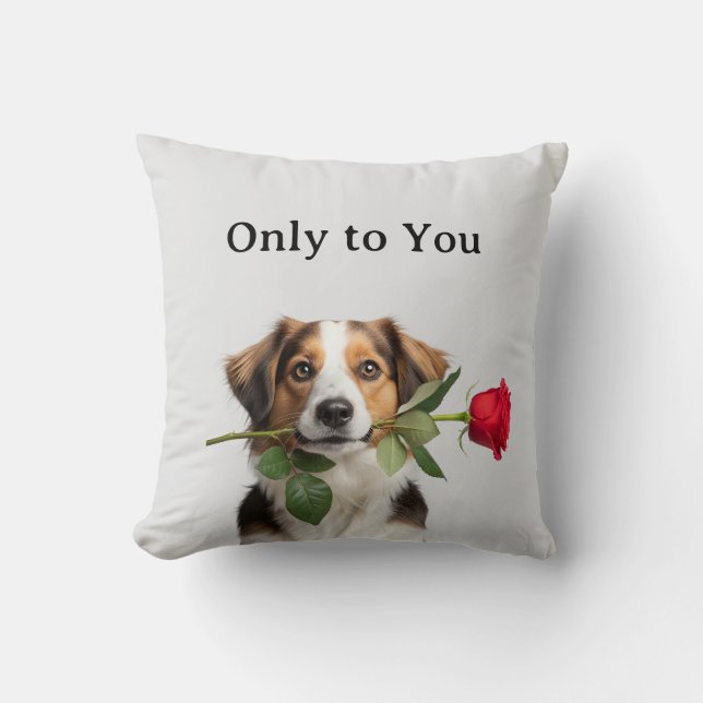 Almofada custom text valentine dog holding rose portrait (Frente)
