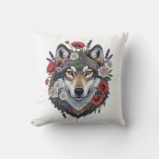 Almofada Custom Wolf with Floral Crown Throw Pillow (Frente)