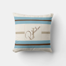 Almofada Customized Blue Brown Stripe Monogram Coastal Name
