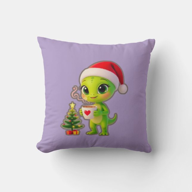 Almofada **Cute 3D Green Alien in Santa Hat with Hot Chocol (Frente)
